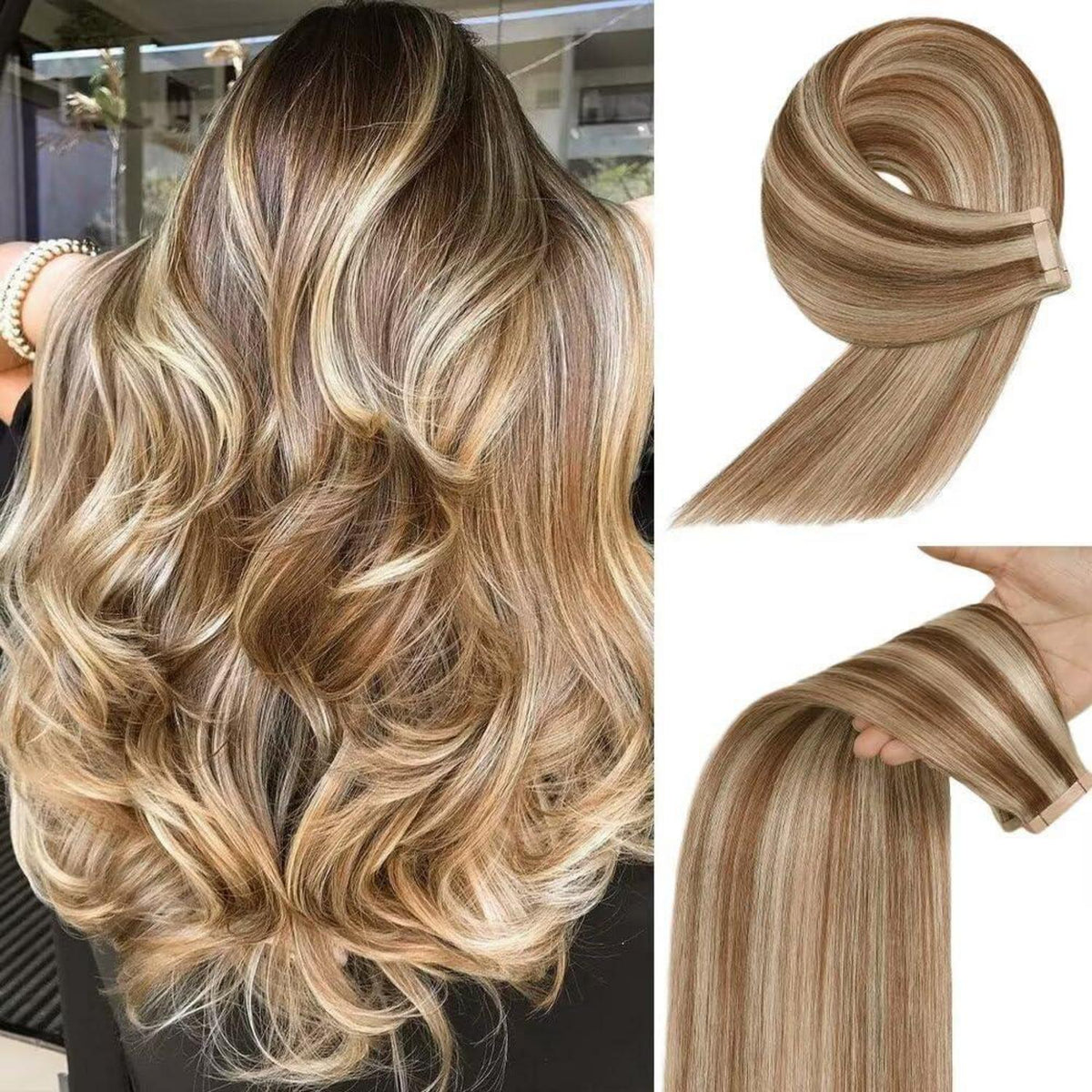 Echthaar Tape Extensions Goldbraun Balayage 55cm