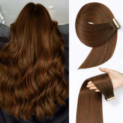 Echthaar Tape Extensions 60cm Schokoladenbraun mit Dunkelrotbraun