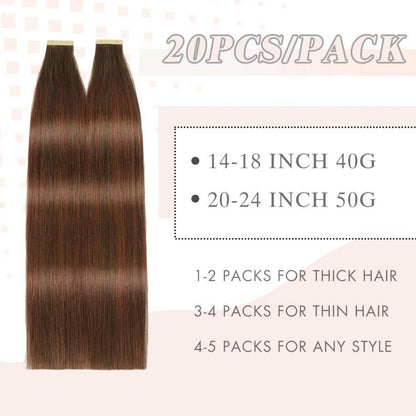 Echthaar Tape Extensions 60cm Schokoladenbraun mit Dunkelrotbraun