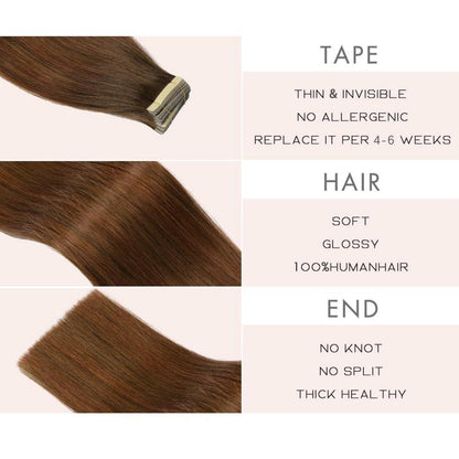 Echthaar Tape Extensions 60cm Schokoladenbraun mit Dunkelrotbraun