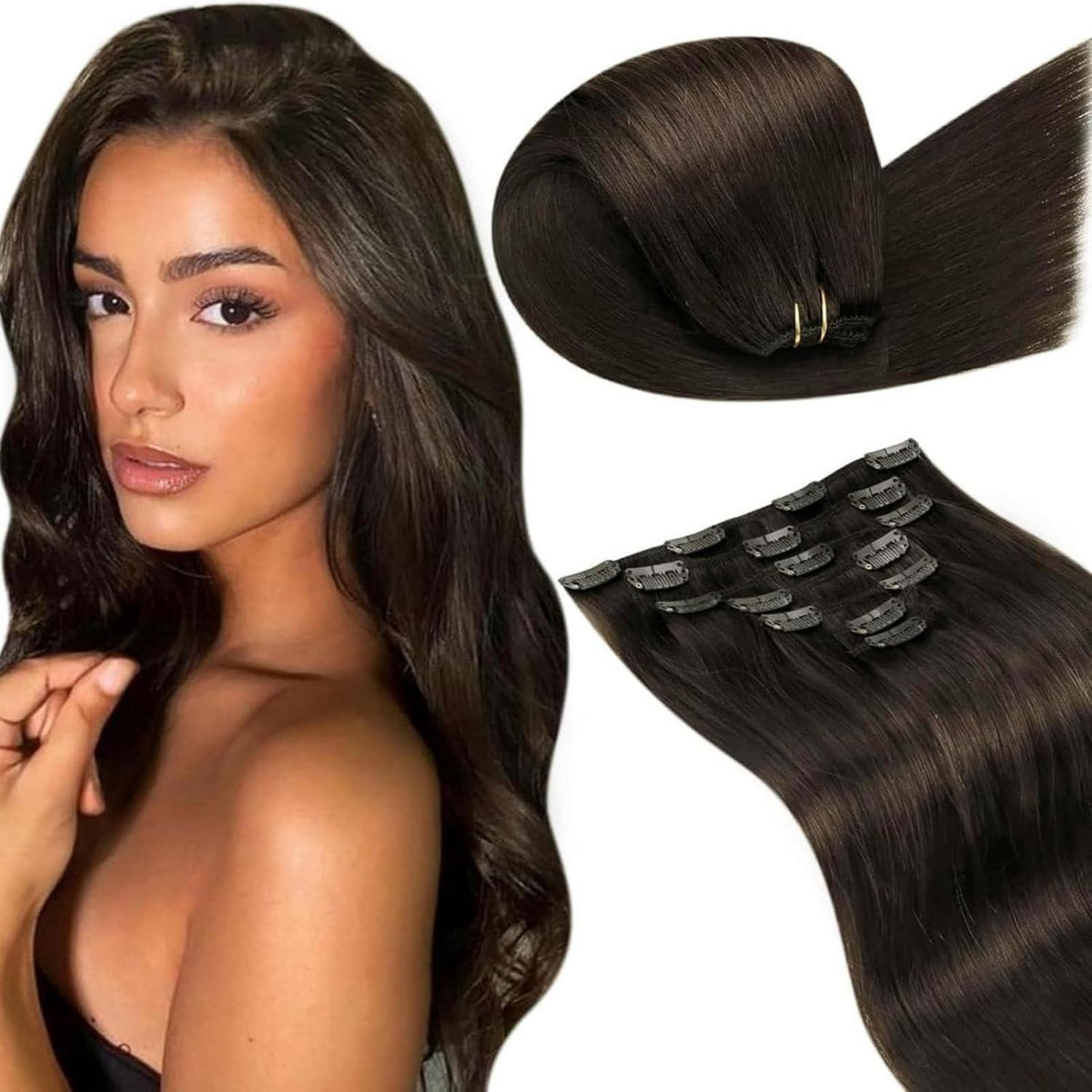 Echthaar Clip-in Extensions Braun Dunkelbraun 45cm