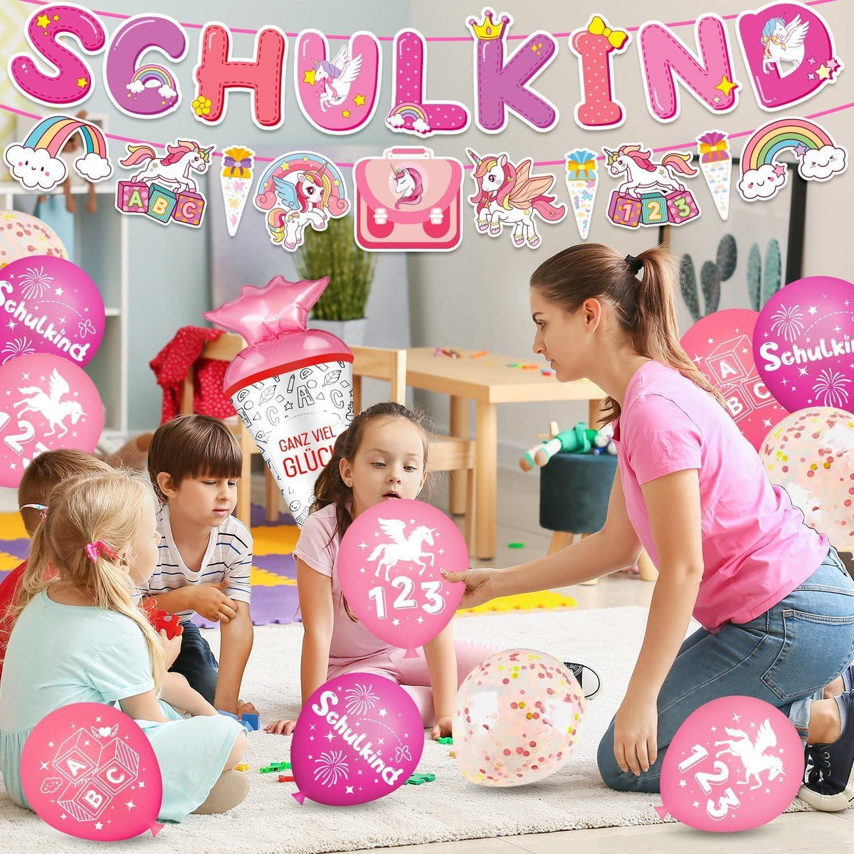 Einhorn Schulanfang Deko Einschulung Mädchen Junge Banner Girlande Ballons
