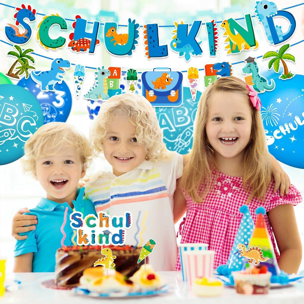 Dinosaurier Einschulung Deko Set Schulanfang Mädchen Junge Luftballons Blau