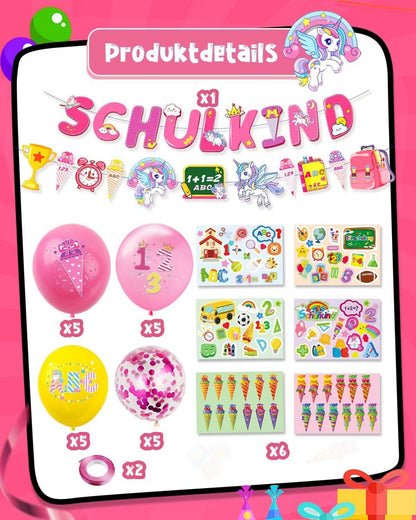Einschulung Deko Mädchen Schulkind Einhorn Zuckertüte ABC Luftballons Schulanfang Rosa