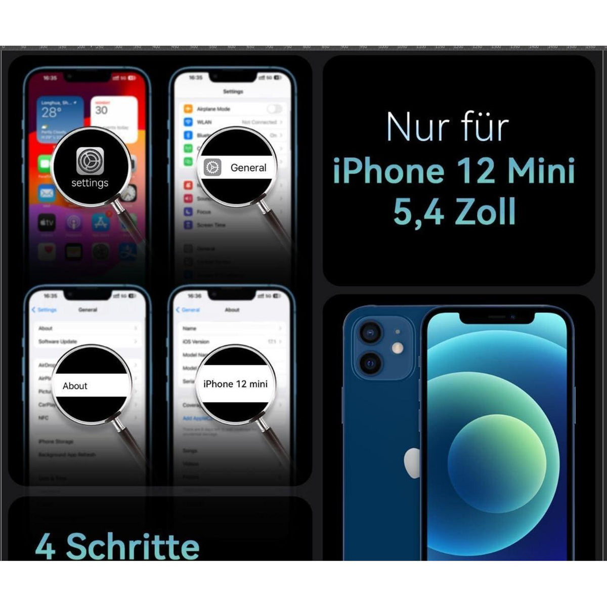 Magnetische Hülle für iPhone 12 Mini mit Panzerglas – Schwarz
