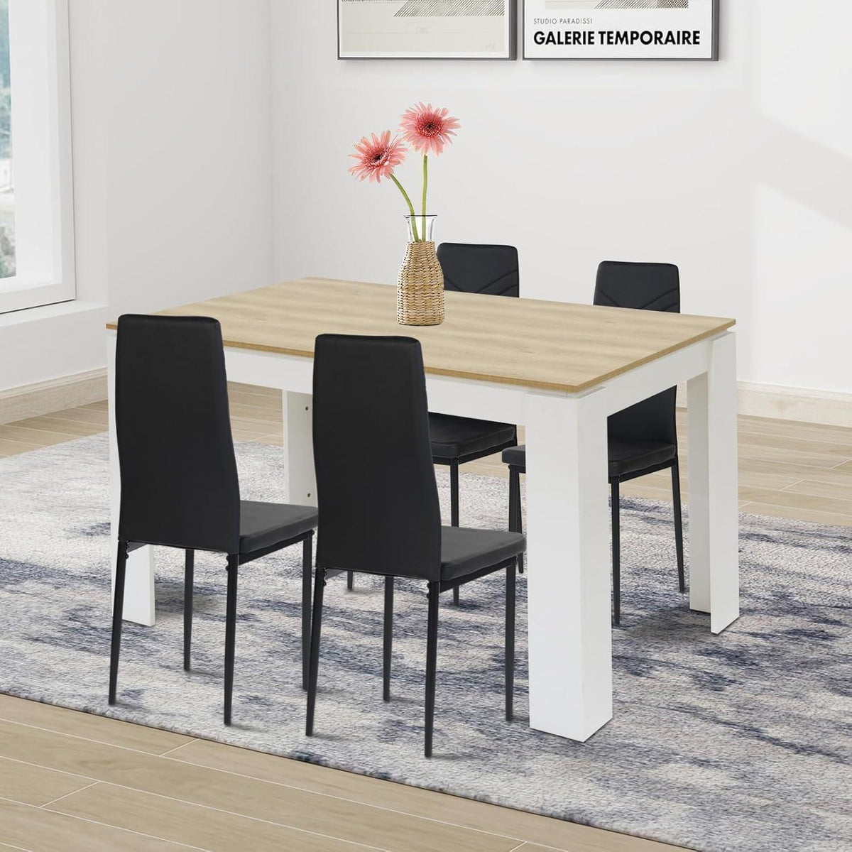 Esszimmergruppe Eiche-Weiß & Schwarz – Tisch mit 4 Stühlen