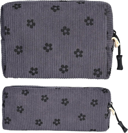 Kosmetiktasche Cord Damen Kulturtasche klein Lächeln Grau 2-teilig