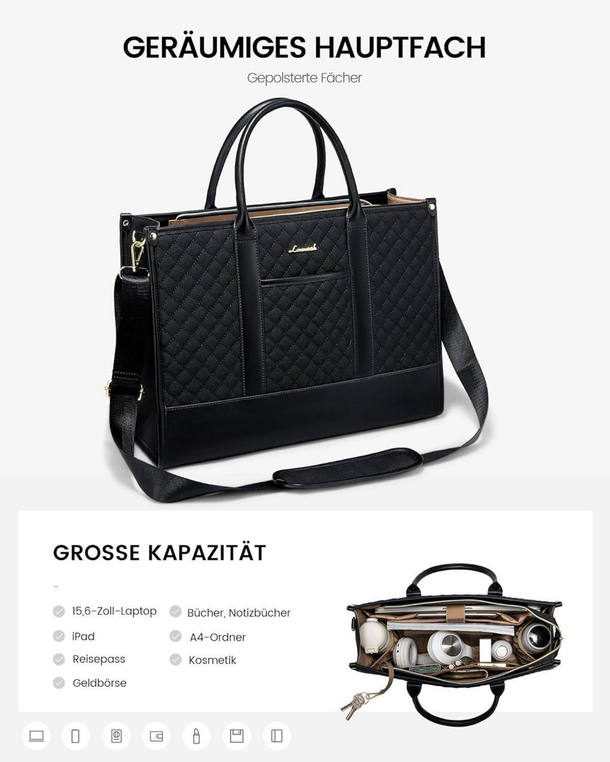Wasserdichte Laptoptasche Damen 15,6 Zoll Schwarz