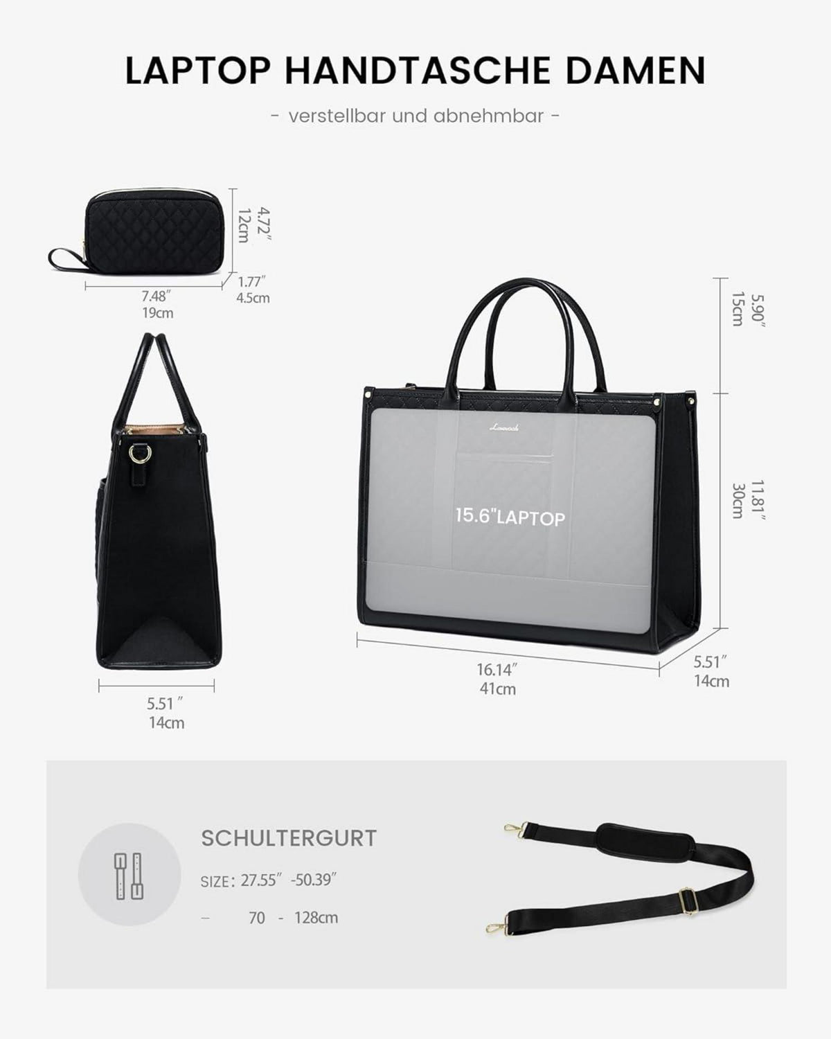 LOVEVOOK Laptoptasche Damen 15,6 Zoll Schwarz Wasserdicht GroßUrlParser Und OptimizerWasserdichte Laptoptasche für Damen mit 15,6 Zoll