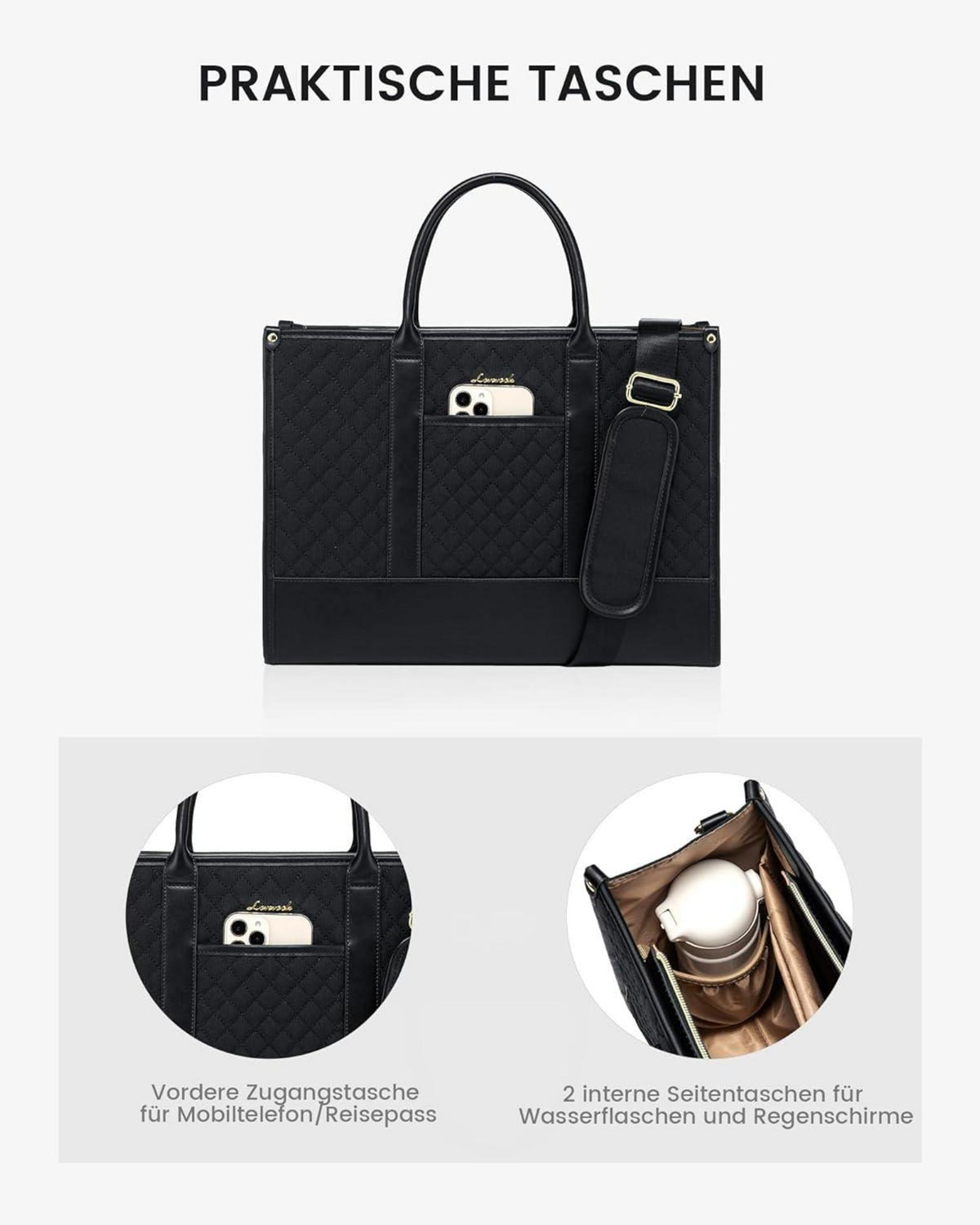 Laptoptasche Damen 15,6 Zoll Wasserdicht Schwarz Groß Tablet Business Uni