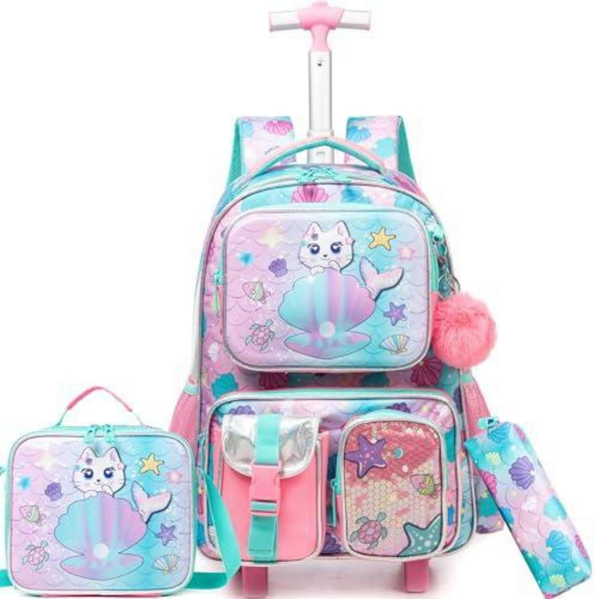 Schulranzen Trolley Mädchen Meerjungfrau Einhorn Rucksack mit Rollen Lila