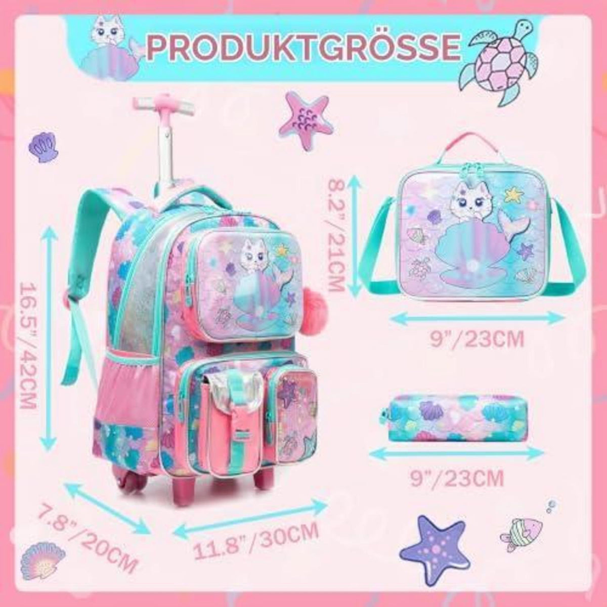 Schulranzen Trolley Mädchen Meerjungfrau Einhorn Rucksack mit Rollen Lila