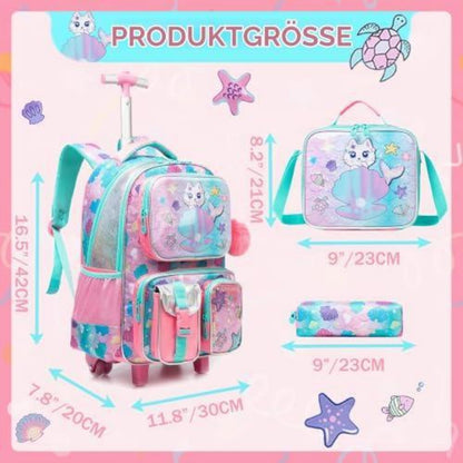 Schulranzen Trolley Mädchen Meerjungfrau Einhorn Rucksack mit Rollen Lila
