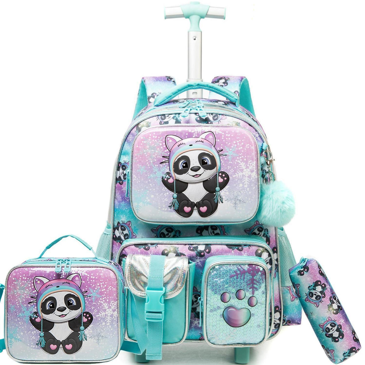 Kinder Trolley Rucksack Panda – Schultasche mit Rollen & Lunchpaket