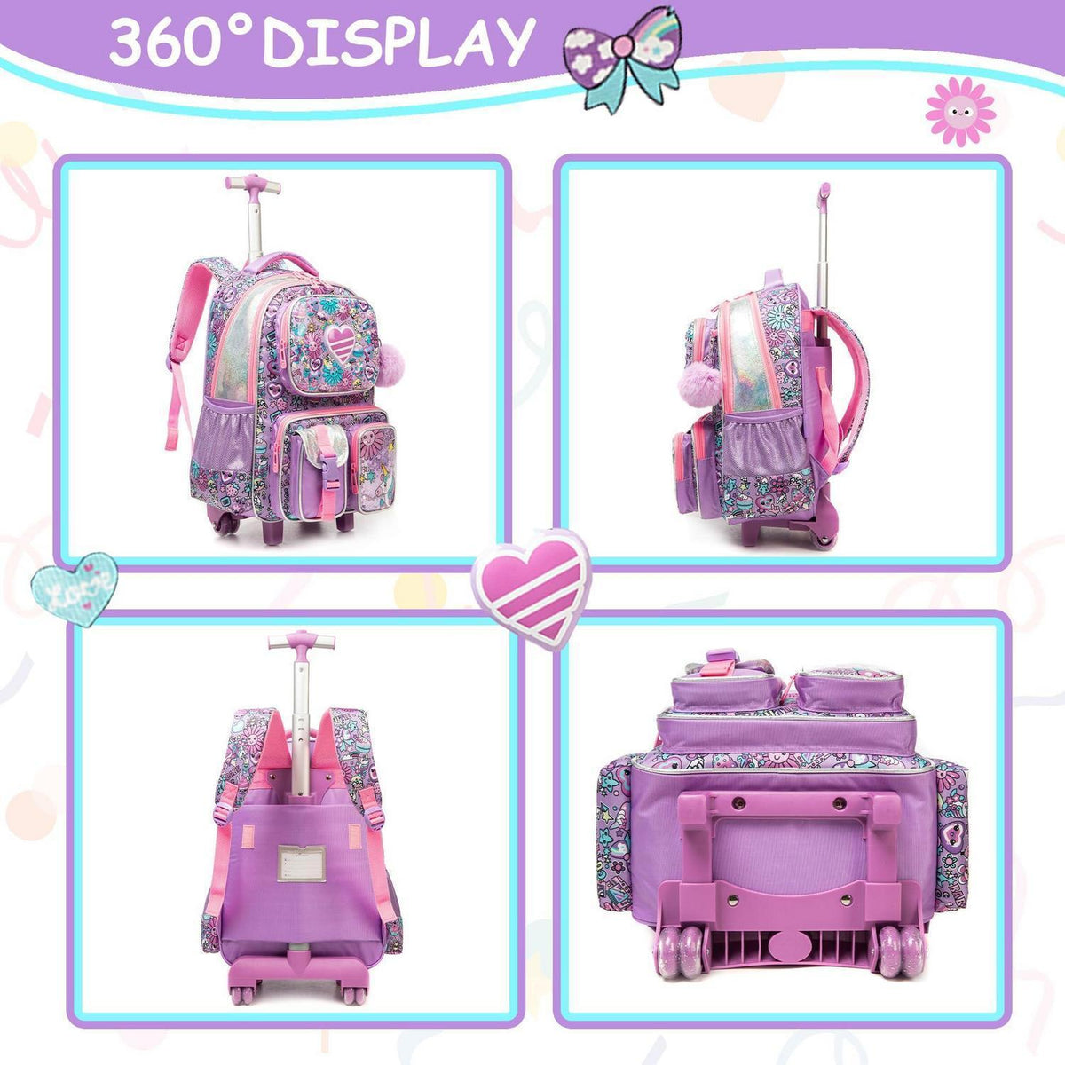 Schulranzen Trolley Mädchen Rosa Herz – Kinder Rucksack mit Rollen