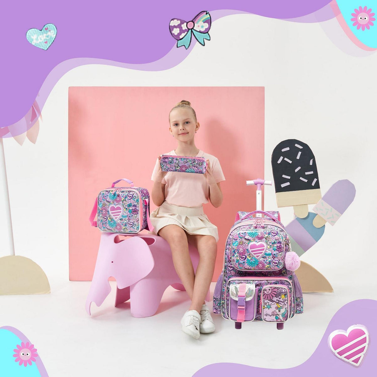 Schulranzen Trolley Mädchen Rosa Herz – Kinder Rucksack mit Rollen