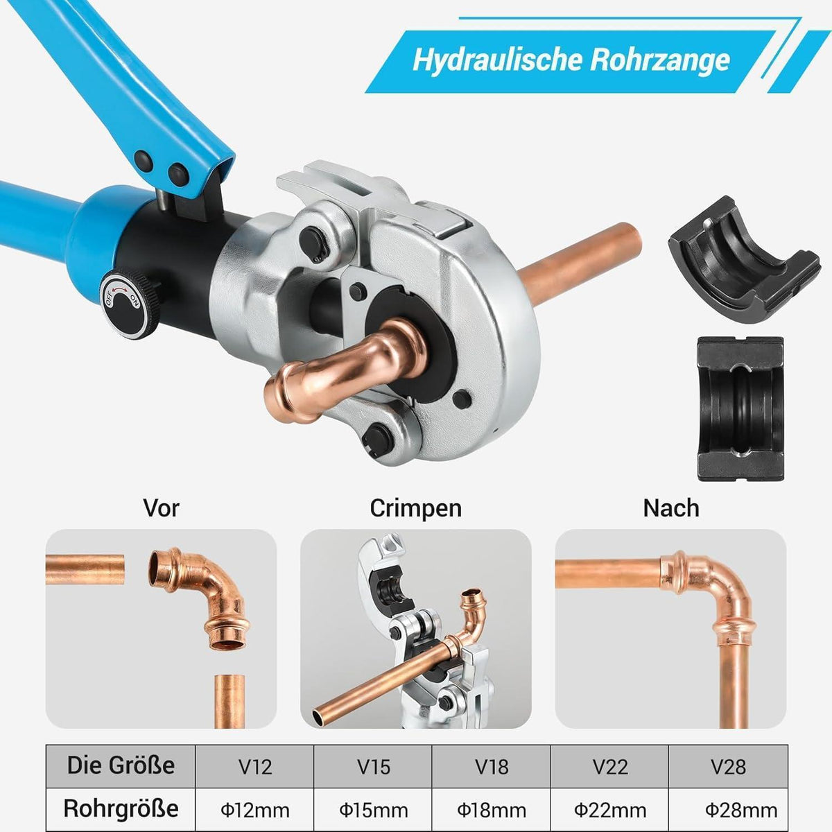 Hydraulik Presszange V-Kontur für Kupfer & Edelstahlrohr 12-28mm