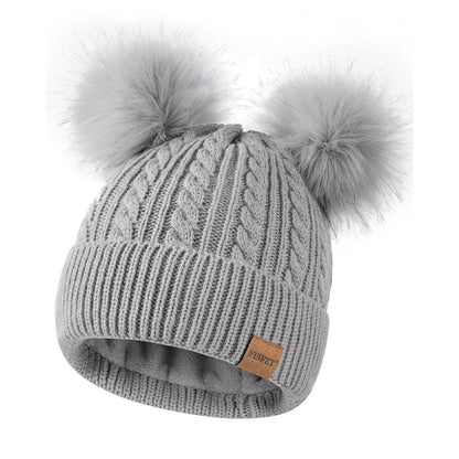 Damen Wintermütze mit Doppelbommel, warme Strick Beanie mit Fleece-Futter Grau
