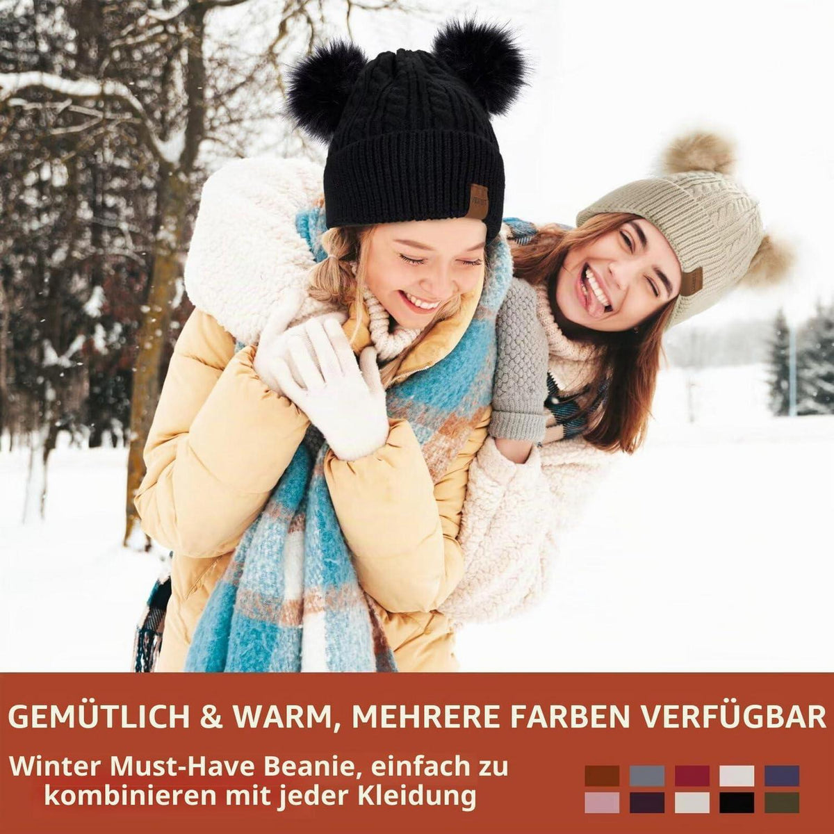 Damen Wintermütze mit Doppelbommel, warme Strick Beanie mit Fleece-Futter Grau