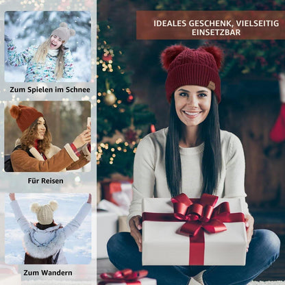 Damen Wintermütze mit Doppelbommel, warme Strick Beanie mit Fleece-Futter Grau