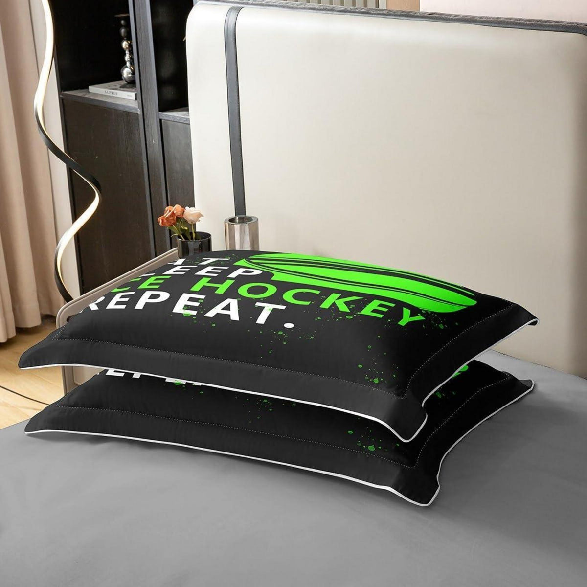 Eishockey Bettwäsche Set 200x200cm – Baumwolle, Grün & Puck Design