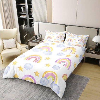 Regenbogen Bettwäsche Set 220x240cm Baumwolle Wolken Sterne Kinderzimmer