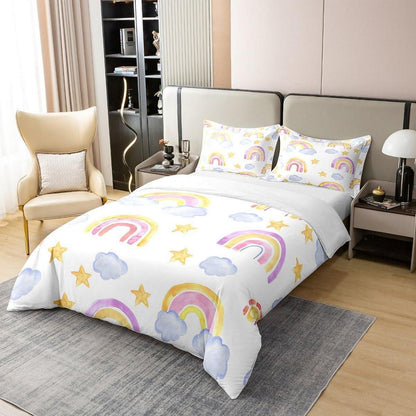 Regenbogen Bettwäsche Set 220x240cm Baumwolle Wolken Sterne Kinderzimmer