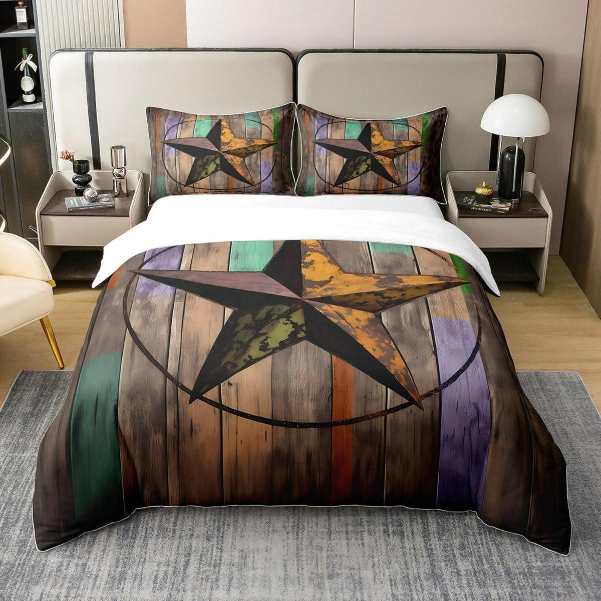 Rustikale Baumwoll Bettwäsche Set 135x200cm – Sternenmuster Vintage