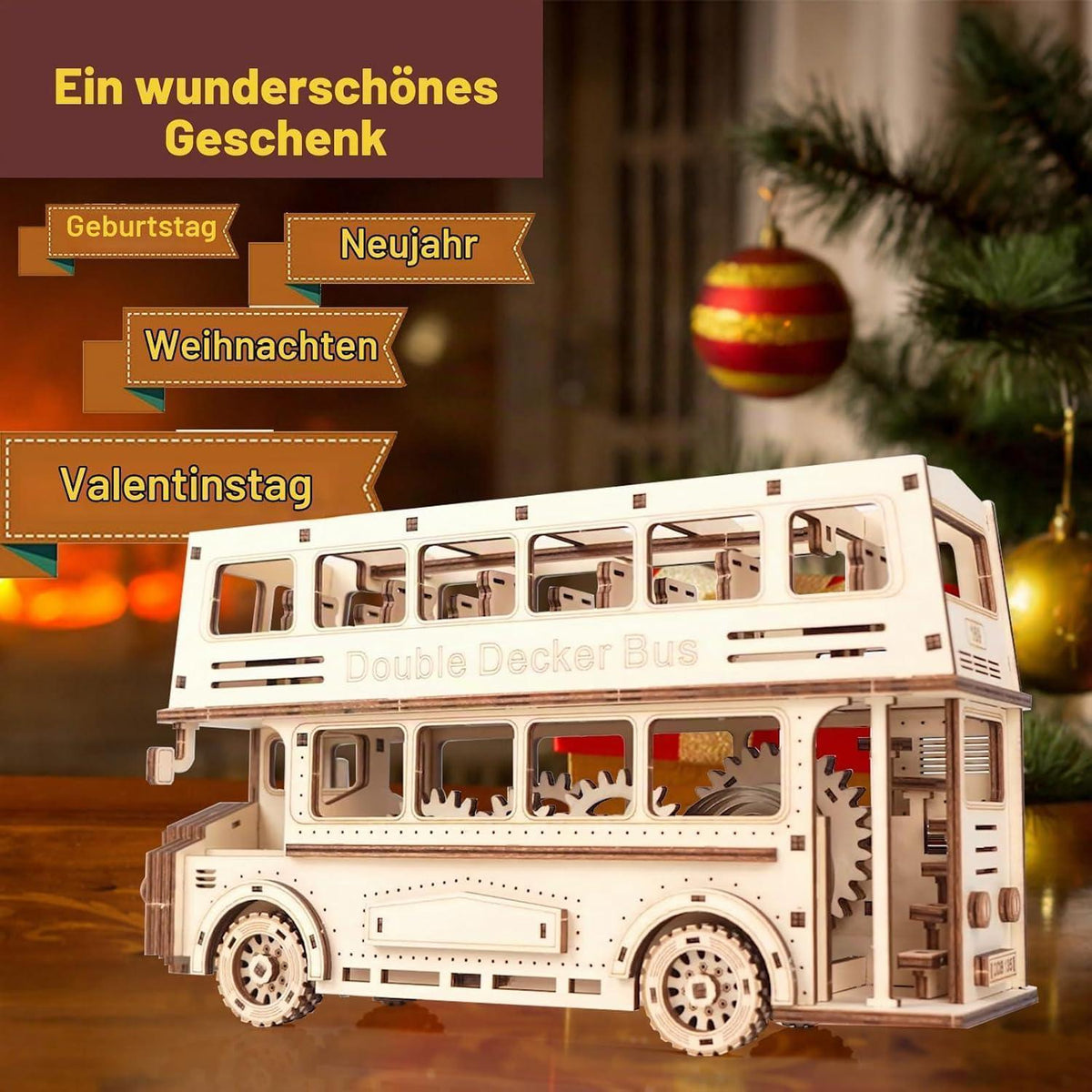 3D Puzzle Doppeldeckerbus Holzbausatz mit Motor & Getriebe