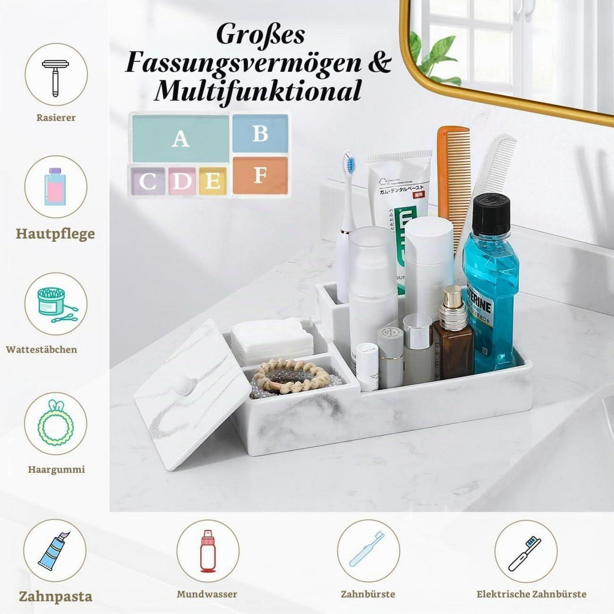 Waschtisch Organizer mit Deckel – 6 Fächer, Kiesweiß