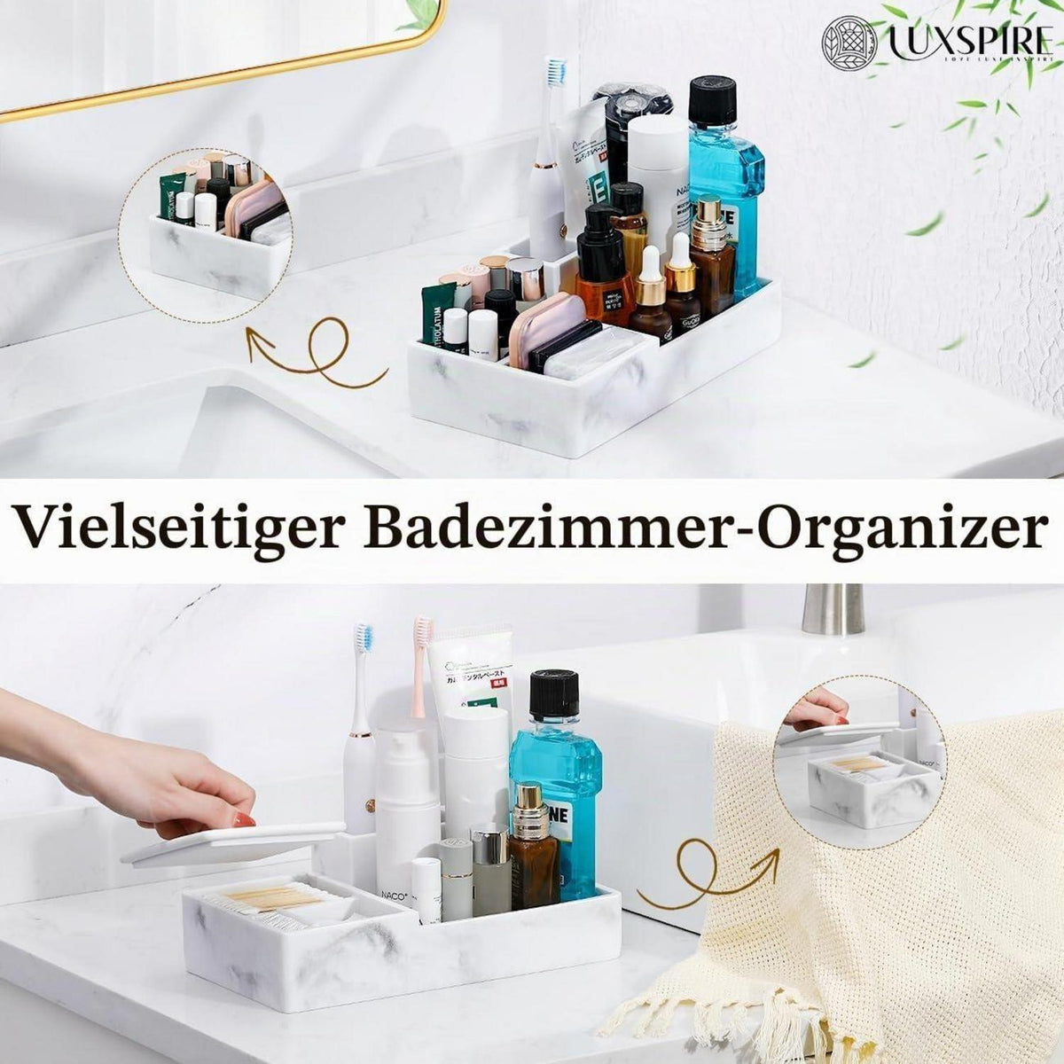 Waschtisch Organizer mit Deckel – 6 Fächer, Kiesweiß
