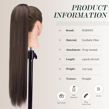 Langer glatter Pferdeschwanz Zopf Haarverlängerung Braun 60cm