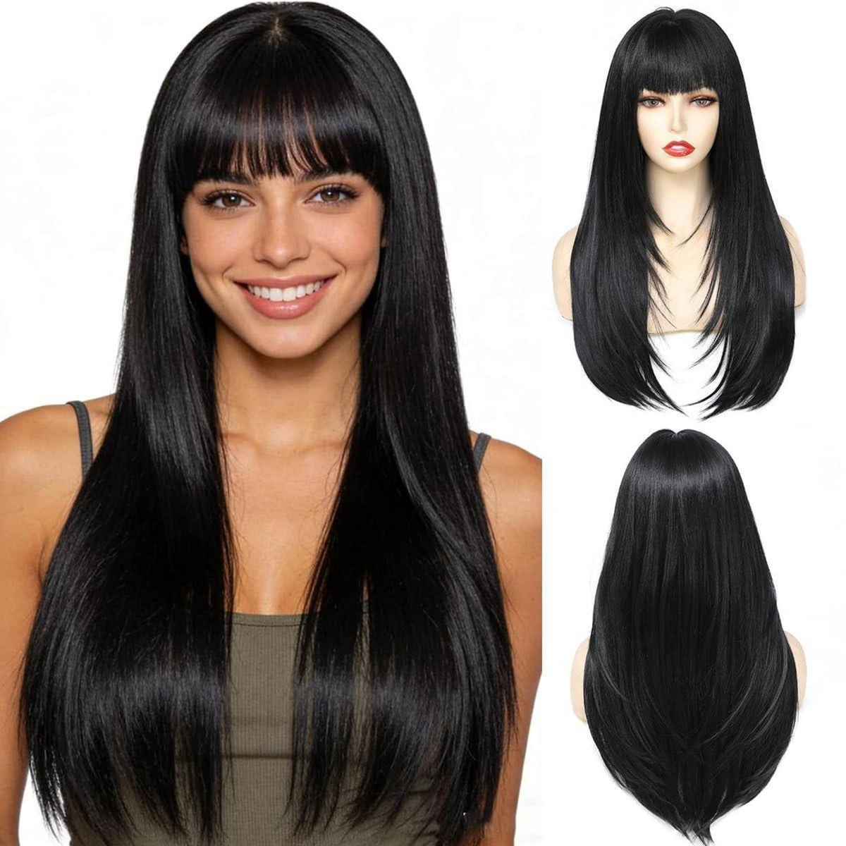 Schwarze Damen Perücke mit Pony, 60cm, Gerade Haar