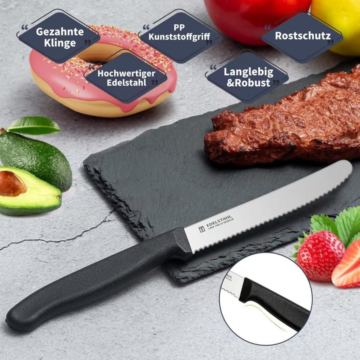 12er Set Wellenschliff Tafelmesser aus Edelstahl, Schwarz