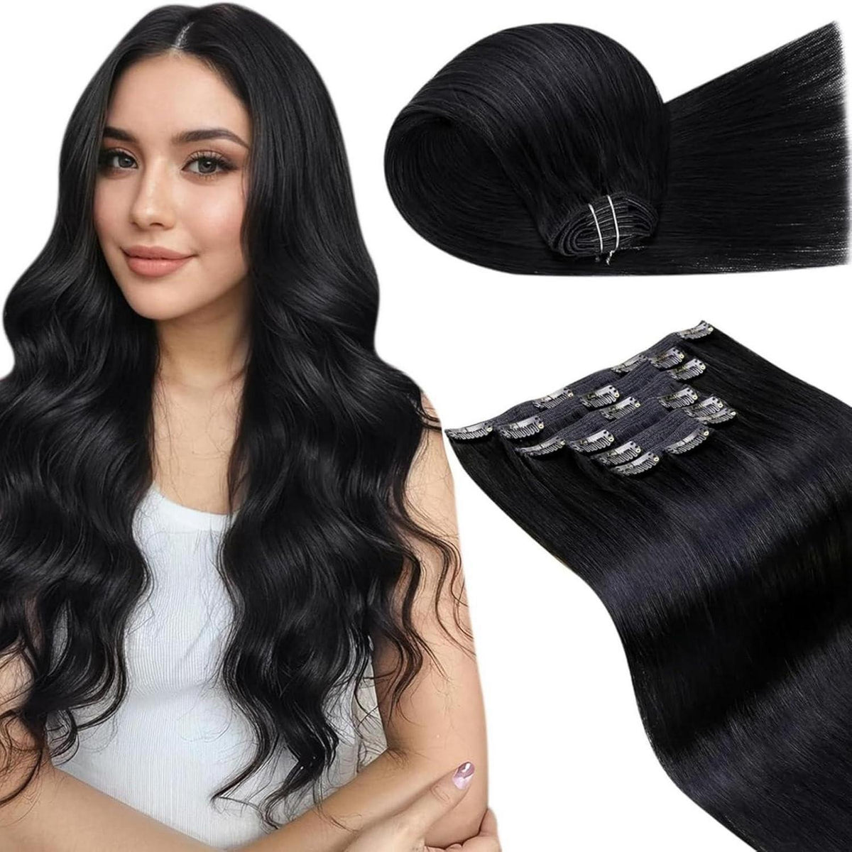 Echthaar Clip-in Extensions Schwarz – 45cm, 120g