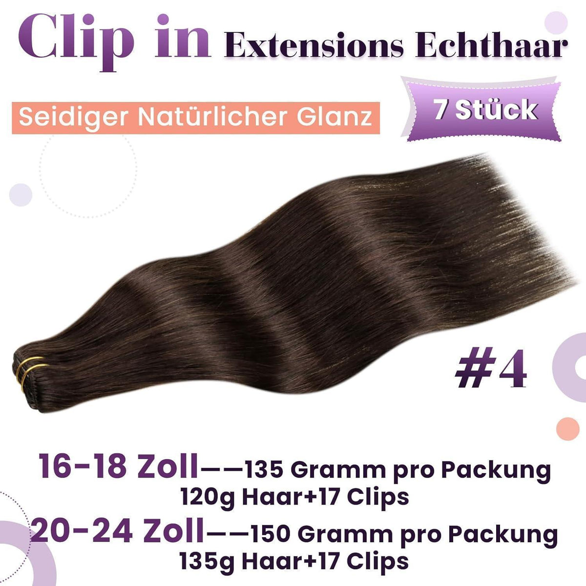Clip-in Haarverlängerung Dunkelbraun Echthaar 55cm