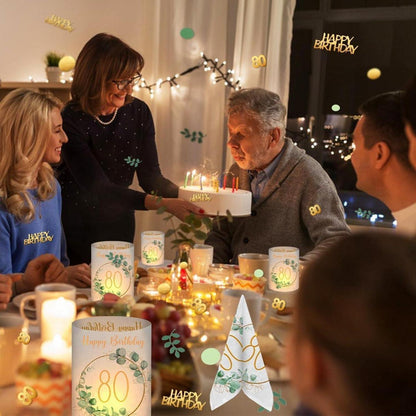 80. Geburtstag Deko Set: Servietten, Windlichter, Konfetti Eukalyptus