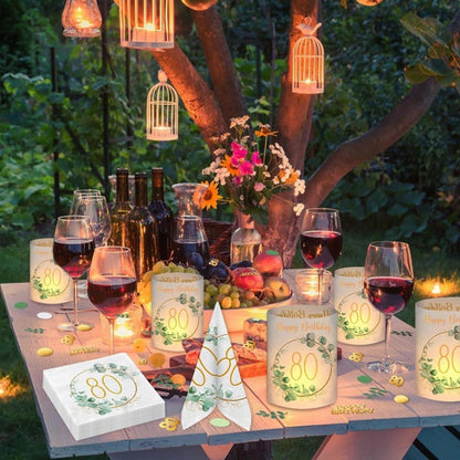 80. Geburtstag Deko Set: Servietten, Windlichter, Konfetti Eukalyptus