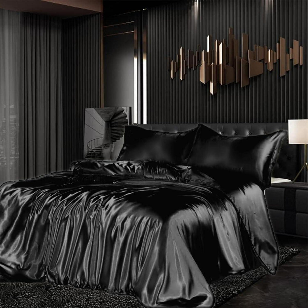 Satin Bettwäsche Set 135x200 cm Schwarz 4-teilig Luxus