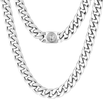 12mm Herren Panzerkette mit Löwe Totenkopf Verschluss Gold Cuban Link