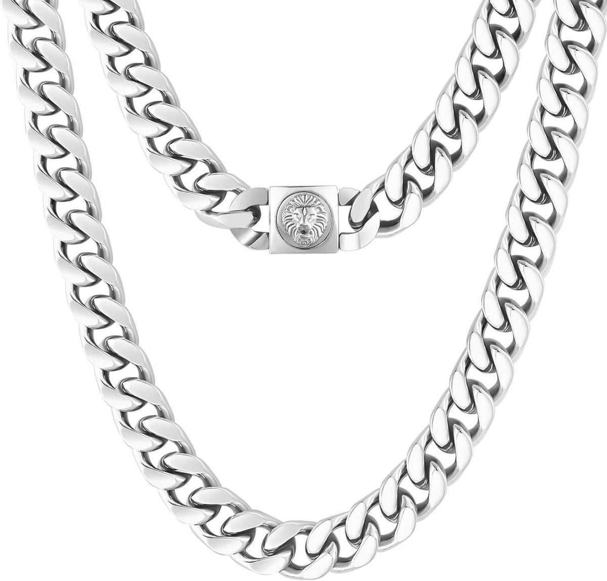 12mm Herren Panzerkette mit Löwe Totenkopf Verschluss Gold Cuban Link