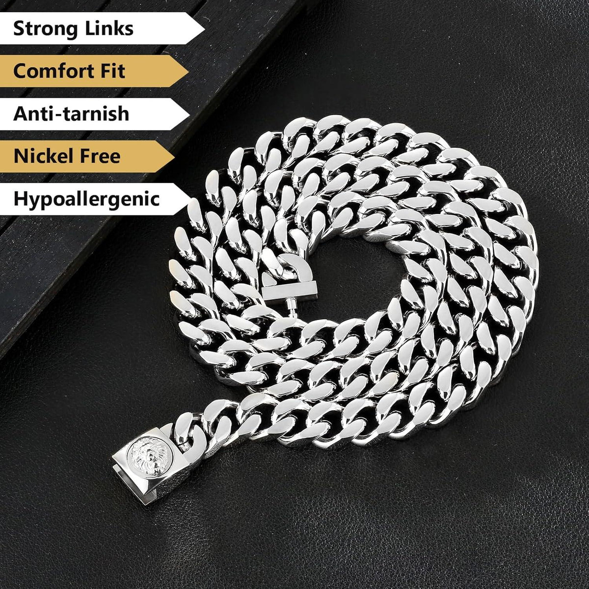 12mm Herren Panzerkette mit Löwe Totenkopf Verschluss Gold Cuban Link