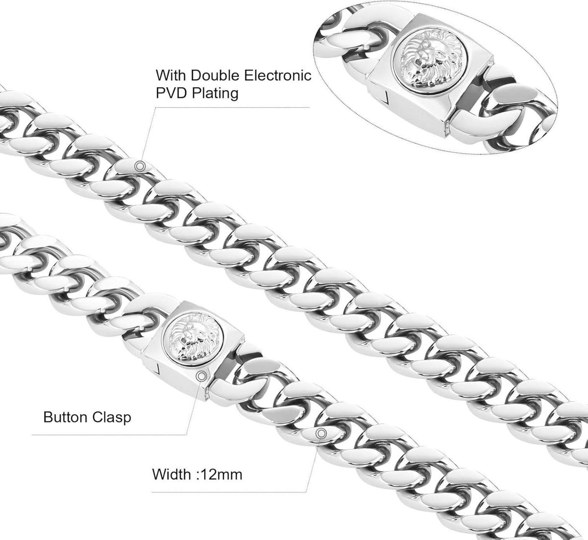 KRKC&CO 12mm Herren Panzerkette Löwe Totenkopf 18K Gold Cuban Link Chain Edelstahl Männer Halskette 45.7cm Silber