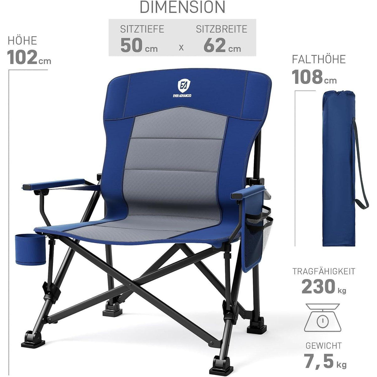 XL Campingstuhl faltbar 230kg belastbar mit Getränkehalter Blau