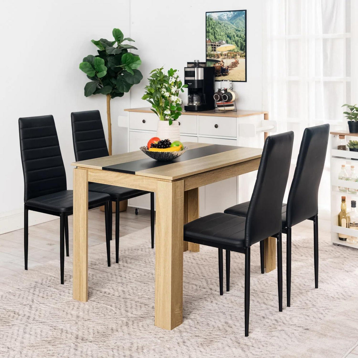 Esszimmergruppe Holz 110x70cm mit 4 Schwarz Stühlen