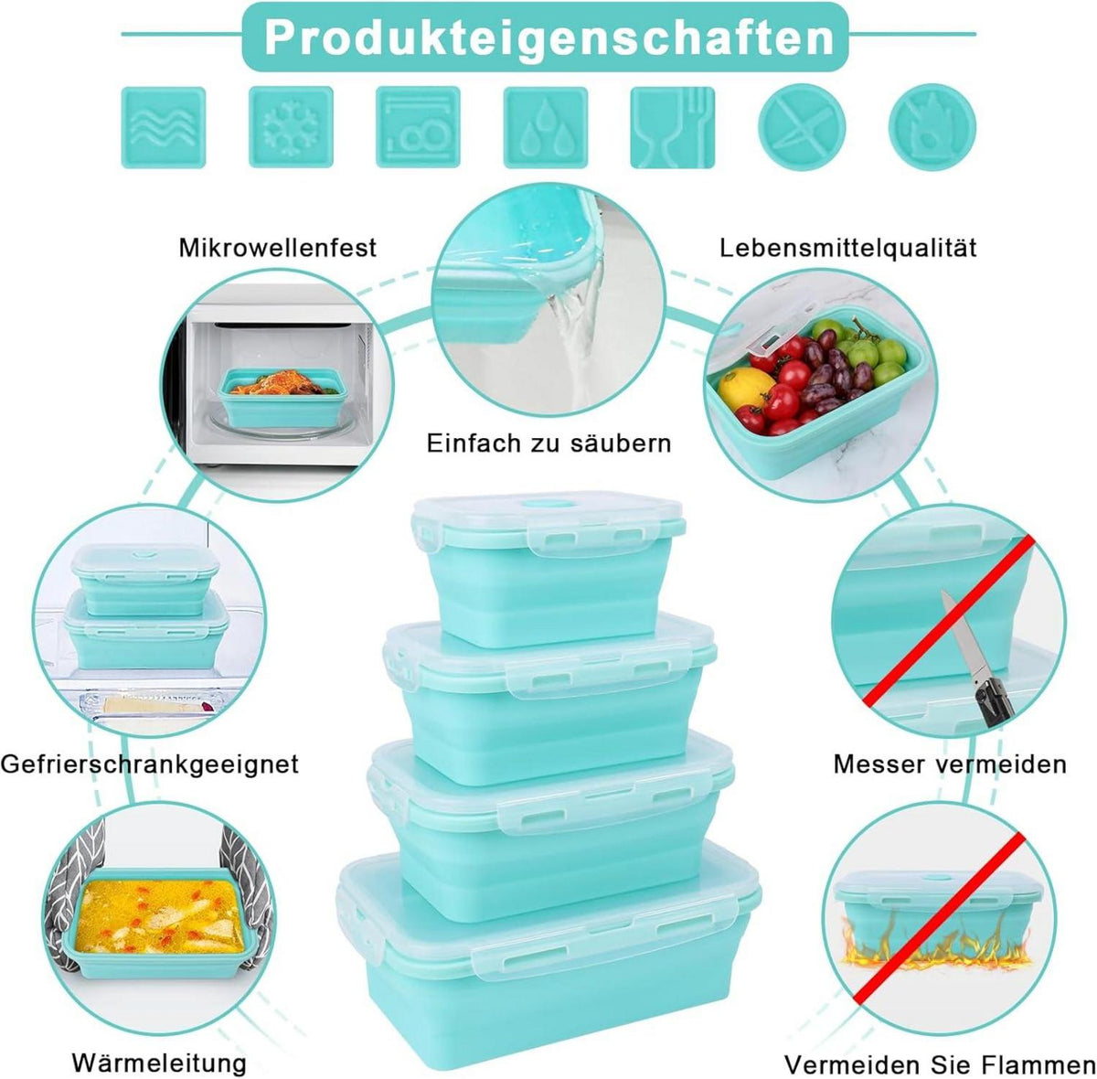 4er Set Silikon Frischhaltedosen Vorratsdosen-Sets Bento Box Faltschüssel