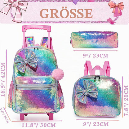 Schulrucksack mit Rollen für Mädchen Rosa Fliege Set