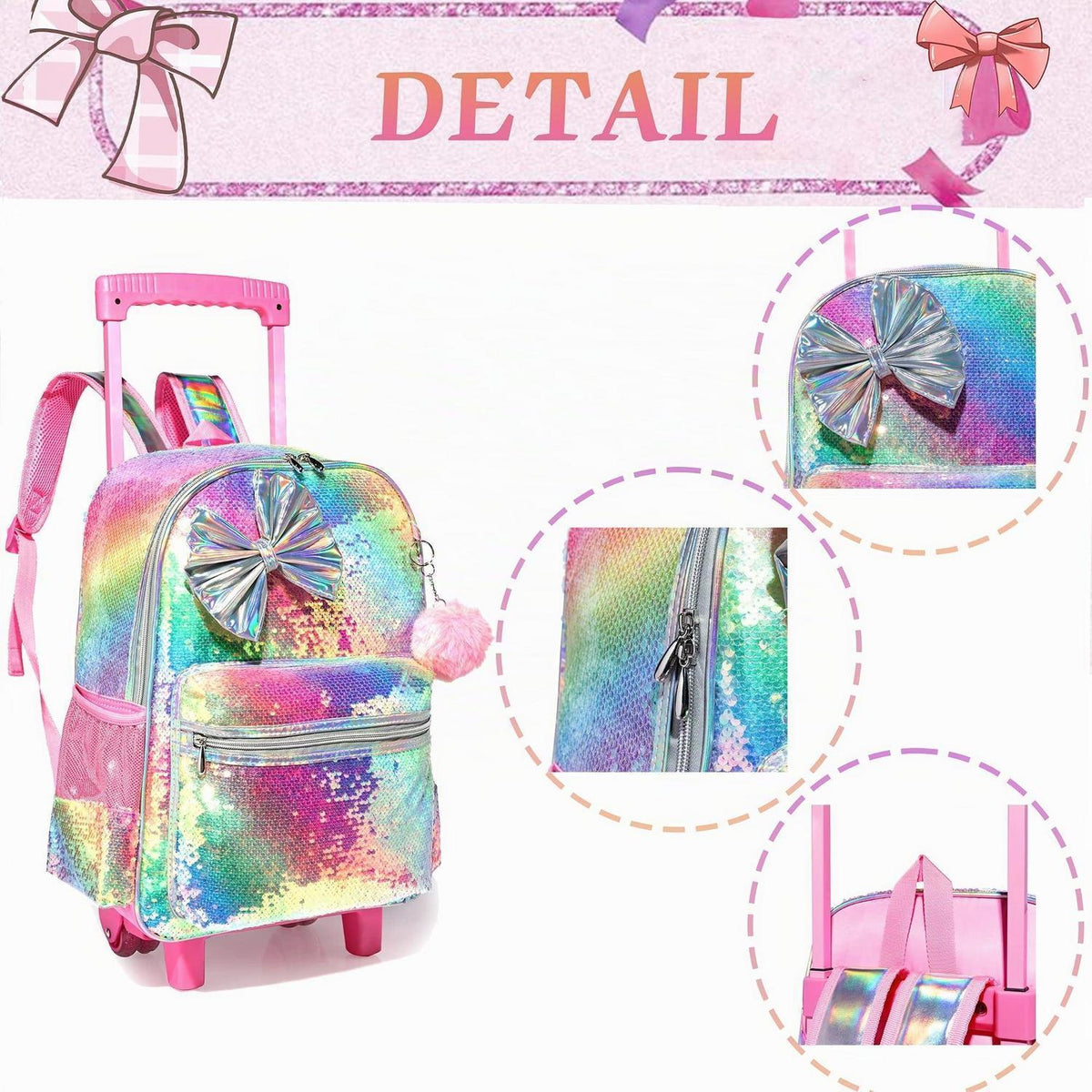 Schulrucksack mit Rollen für Mädchen Rosa Fliege Set