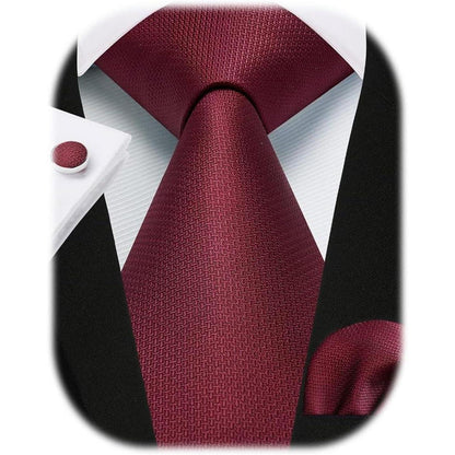 Herren Krawatten Set mit Einstecktuch & Manschettenknöpfen – Seide Paisley Burgund