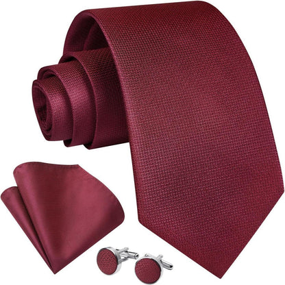 Herren Krawatten Set mit Einstecktuch & Manschettenknöpfen – Seide Paisley Burgund